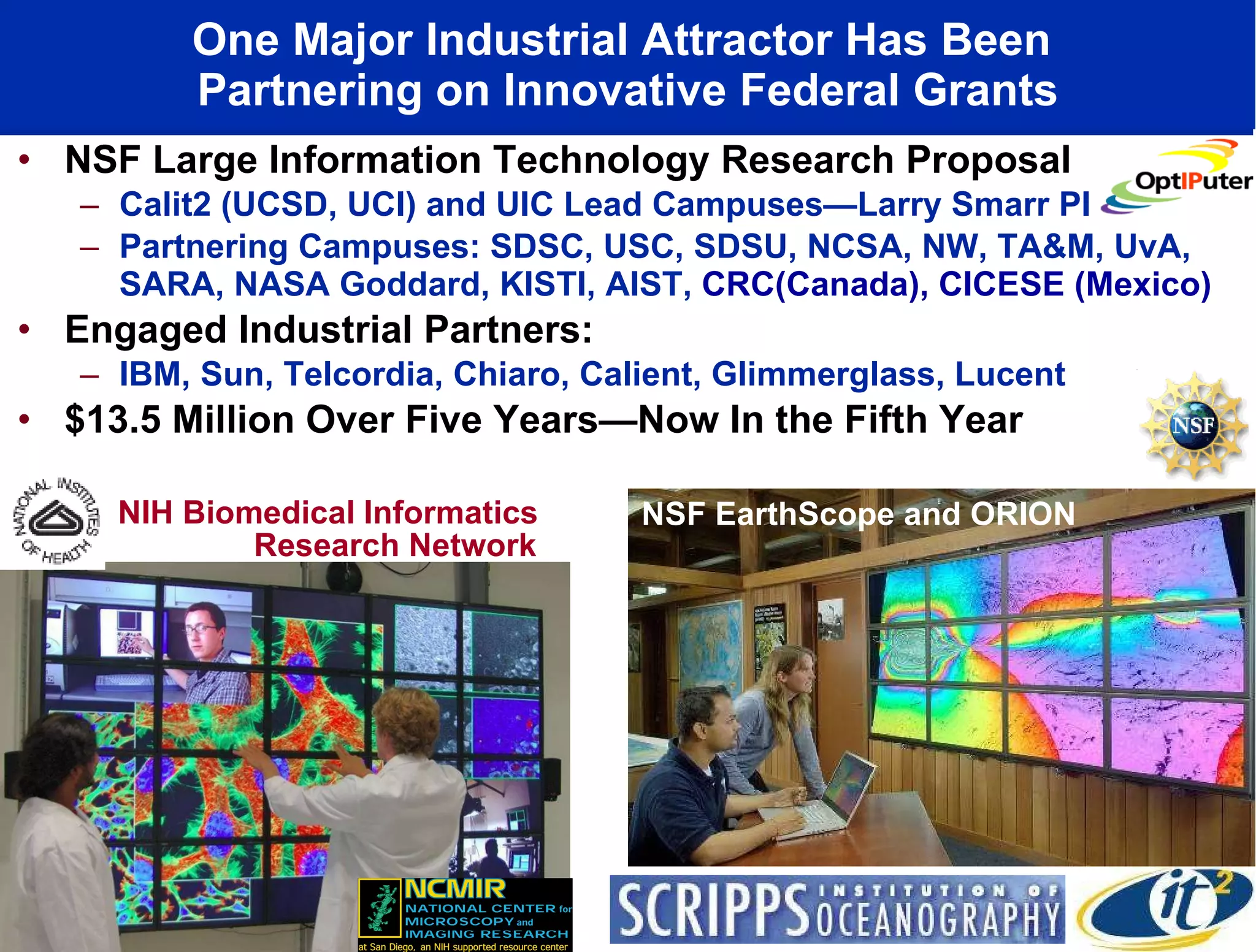 One Major Industrial Attractor Has Been  Partnering on Innovative Federal Grants NSF Large Information Technology Research Proposal Calit2 (UCSD, UCI) and UIC Lead Campuses—Larry Smarr PI Partnering Campuses: SDSC, USC, SDSU, NCSA, NW, TA&M, UvA, SARA, NASA Goddard, KISTI, AIST,  CRC(Canada), CICESE (Mexico) Engaged Industrial Partners: IBM, Sun, Telcordia, Chiaro, Calient, Glimmerglass, Lucent $13.5 Million Over Five Years—Now In the Fifth Year NIH Biomedical Informatics Research Network NSF EarthScope and ORION 