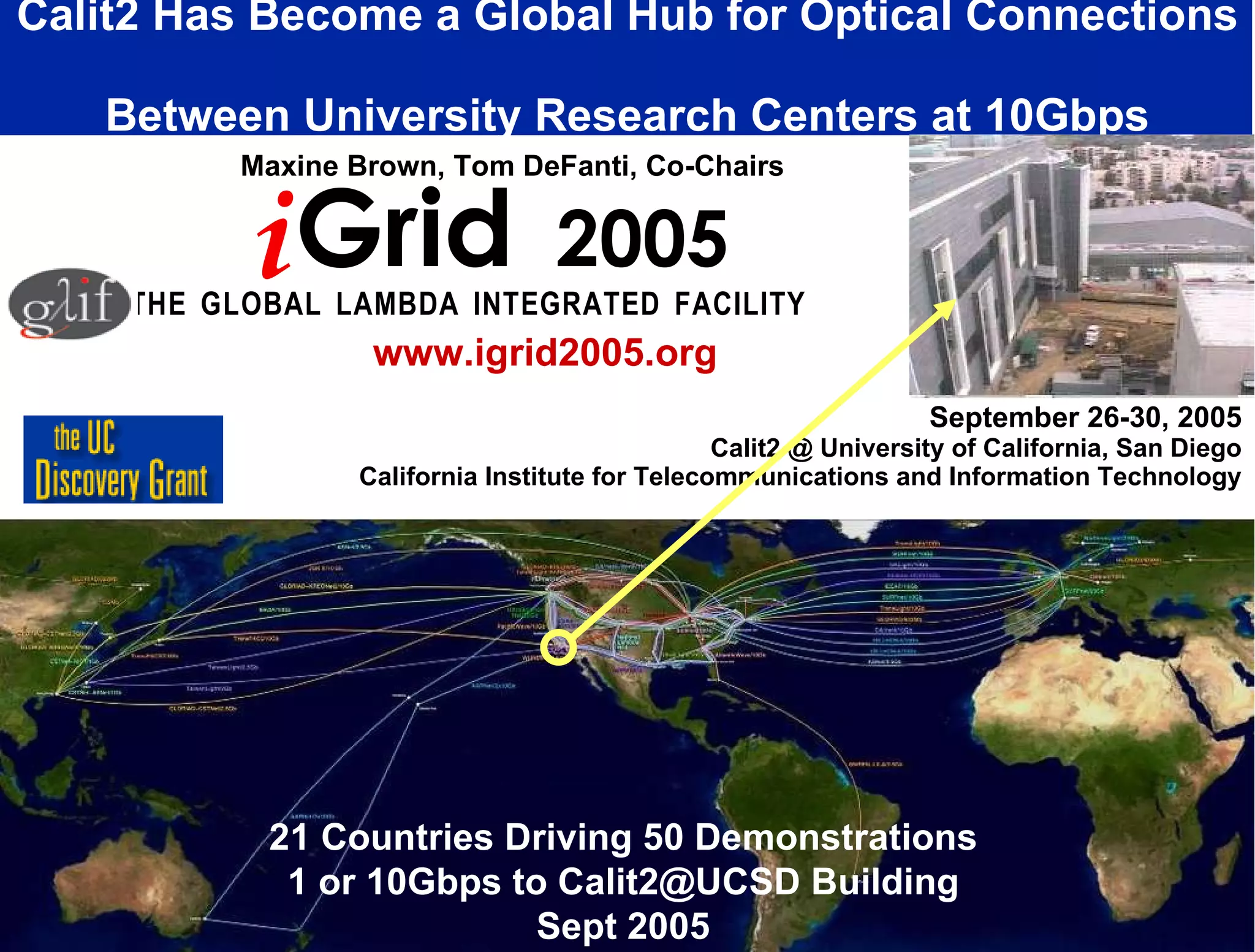 September 26-30, 2005 Calit2 @ University of California, San Diego California Institute for Telecommunications and Information Technology Calit2 Has Become a Global Hub for Optical Connections  Between University Research Centers at 10Gbps T   H   E  G   L   O   B   A   L  L   A   M   B   D   A  I   N   T   E   G   R   A   T   E   D  F   A   C   I   L   I   T   Y   Maxine Brown, Tom DeFanti, Co-Chairs www.igrid2005.org 21 Countries Driving 50 Demonstrations 1 or 10Gbps to Calit2@UCSD Building Sept 2005 i Grid  2005 