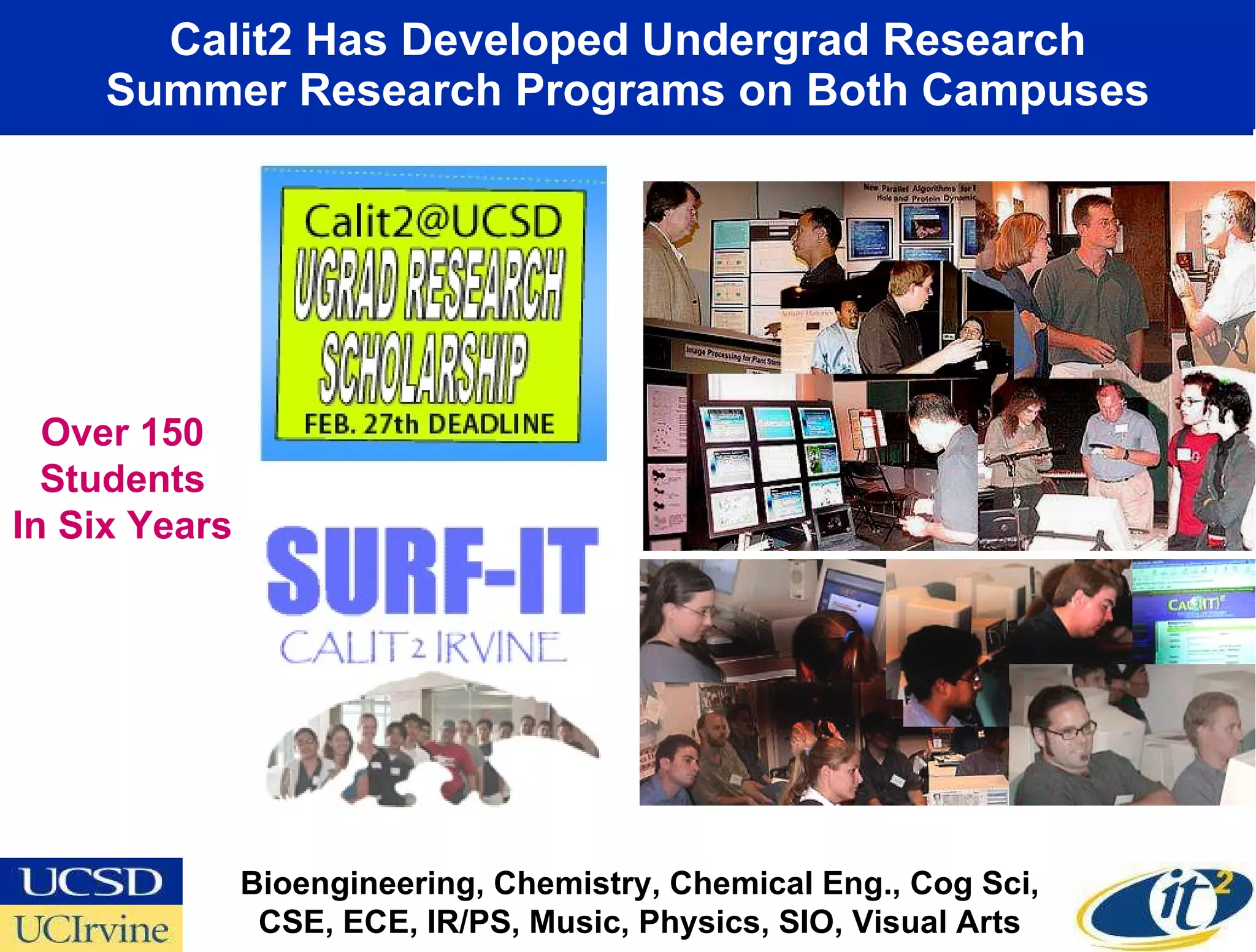 Calit2 Has Developed Undergrad Research Summer Research Programs on Both Campuses Bioengineering, Chemistry, Chemical Eng., Cog Sci,  CSE, ECE, IR/PS, Music, Physics, SIO, Visual Arts  Over 150 Students In Six Years 