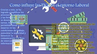 Como influye las TICs en el entorno Laboral
Gracias a esto, se ha
logrado simplificar los
procesos de producción
y las formas en las que
se desempeñan algunas
tareas. Además, ha
permitido llevar a cabo
mejoras en las
condiciones de trabajo,
aumentar la seguridad y
favorecer la
comunicación y el flujo
de intercambio de
información.
Se ha demostrado que, con un buen uso, las
TIC permiten a las empresas producir
mayores cantidad de trabajo, de mejor
calidad y en tiempos más cortos. Para los
trabajadores, esto se traduce en mayores
cantidades de tiempo libre. Del mismo
modo, el uso de algunas de estas
tecnologías repercute de forma directa en
los clientes y su relación con la empresa.
Así, todos los implicados se ven favorecidos
con el uso de las TIC en una empresa,
siempre y cuando esta las emplee de buena
 