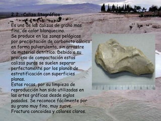 2.2.-Caliza litográfica:
Es una de las calizas de grano mas
fino, de color blanquecino.
Se produce en las zonas pelágicas
por precipitación de carbonato cálcico
en forma pulverulenta, sin arrastre
de material detrítico. Debido a su
proceso de compactación estas
calizas puras se suelen separar
perfectamente por los planos de
estratificación con superficies
planas.
Estas rocas, por su limpieza de
reproducción han sido utilizadas en
las artes gráficas desde siglos
pasados. Se reconoce fácilmente por
su grano muy fino, muy suave.
Fractura concoidea y colores claros.
 