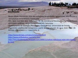 BIBLIOGRAFIA
-Rocas calizas: Formación, ciclo del carbonato, propiedades, aplicaciones, distribución y
perspectivas en la Mixteca Oaxaqueña
-Min. Geol. And Met. Inst. India Trans. 34: 98-210.Mineral Developmeut in Soviet Russia
-GEOLOGIA GENERAL .ROSADO CARHUANCHO, Saturnino
-Departamento de Geología (Petrología y Geoquímica). Universidad de Oviedo.
-Deposición catalítica del manganeso a partir de una solución de agua. Econ. Geol. 26:
799-832. CÁRDENAS V. J. Y BAUTISTA, O.
-http://www.dxmaps.com/geo/estalactitas.html
-http://www.artifexbalear.org/caliza.htm
-http://latumbadeesquilo.blogspot.com/2009/11/calizas-nodulosas-rojas-otro-tesoro-
de.html
 