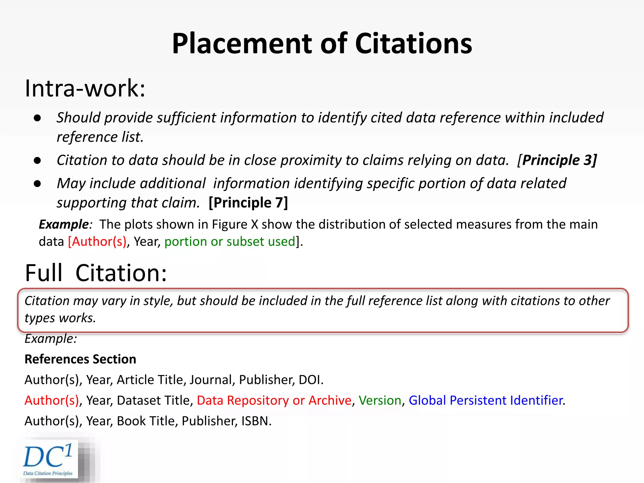 Placement of Citations
Intra-work:
● Should provide sufficient information to identify cited data reference within included
reference list.
● Citation to data should be in close proximity to claims relying on data. [Principle 3]
● May include additional information identifying specific portion of data related
supporting that claim. [Principle 7]
Example: The plots shown in Figure X show the distribution of selected measures from the main
data [Author(s), Year, portion or subset used].
Full Citation:
Citation may vary in style, but should be included in the full reference list along with citations to other
types works.
Example:
References Section
Author(s), Year, Article Title, Journal, Publisher, DOI.
Author(s), Year, Dataset Title, Data Repository or Archive, Version, Global Persistent Identifier.
Author(s), Year, Book Title, Publisher, ISBN.
 