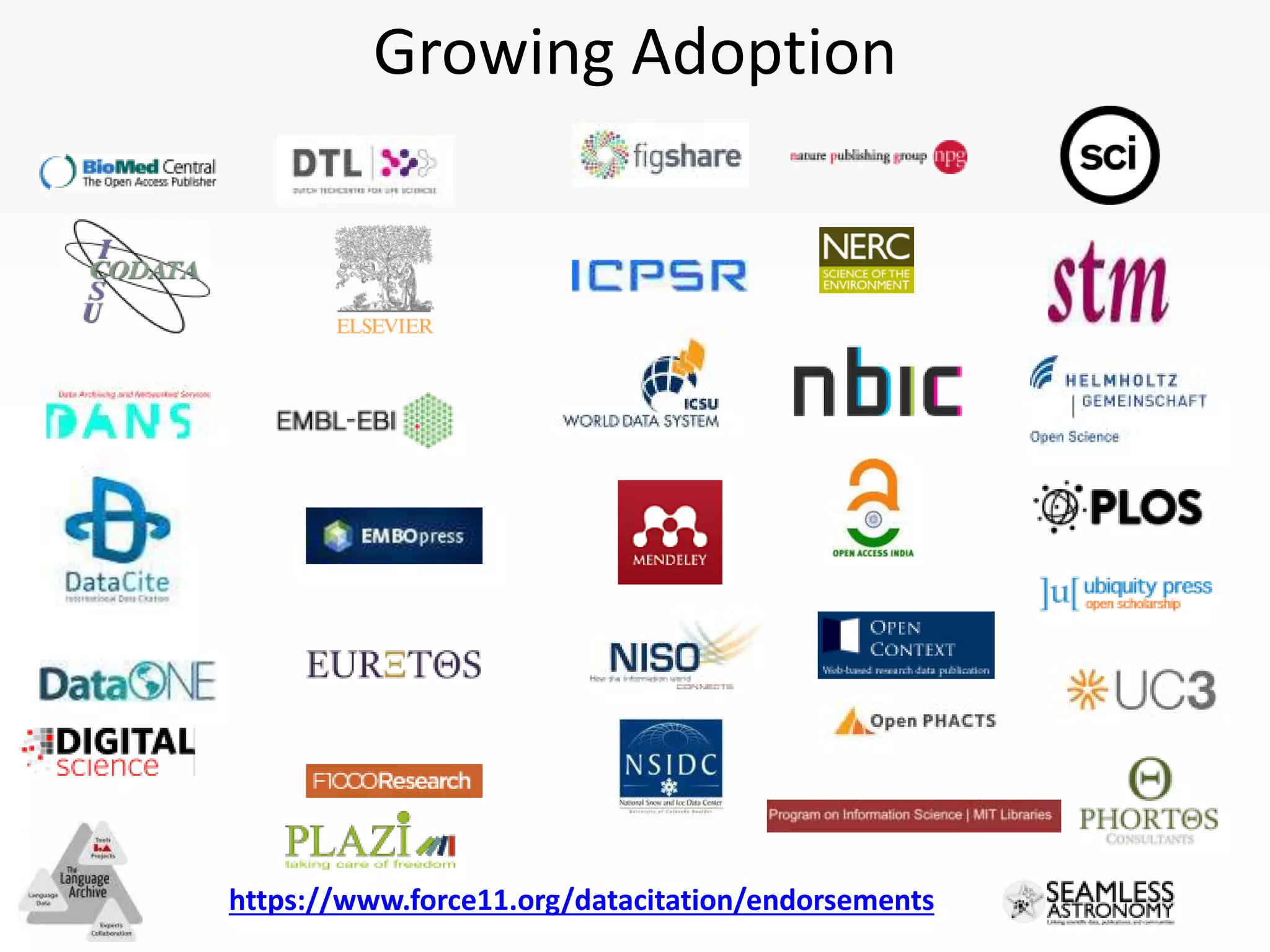 Growing Adoption
https://www.force11.org/datacitation/endorsements
 