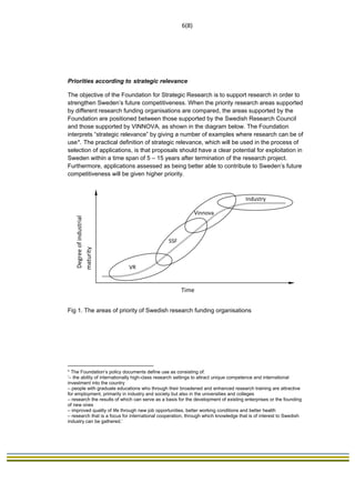                                                                              6(8) 
 




Priorities according to strategic relevance

The objective of the Foundation for Strategic Research is to support research in order to
strengthen Sweden’s future competitiveness. When the priority research areas supported
by different research funding organisations are compared, the areas supported by the
Foundation are positioned between those supported by the Swedish Research Council
and those supported by VINNOVA, as shown in the diagram below. The Foundation
interprets “strategic relevance” by giving a number of examples where research can be of
use*. The practical definition of strategic relevance, which will be used in the process of
selection of applications, is that proposals should have a clear potential for exploitation in
Sweden within a time span of 5 – 15 years after termination of the research project.
Furthermore, applications assessed as being better able to contribute to Sweden’s future
competitiveness will be given higher priority.



                                                                                               Industry 

                                                                                     Vinnova
      Degree of industrial 




                                                                 SSF
     maturity 




                                          VR 


                                                                         Time


Fig 1. The areas of priority of Swedish research funding organisations




                                                            
* The Foundation’s policy documents define use as consisting of:
‘– the ability of internationally high-class research settings to attract unique competence and international
investment into the country
– people with graduate educations who through their broadened and enhanced research training are attractive
for employment, primarily in industry and society but also in the universities and colleges
– research the results of which can serve as a basis for the development of existing enterprises or the founding
of new ones
– improved quality of life through new job opportunities, better working conditions and better health
– research that is a focus for international cooperation, through which knowledge that is of interest to Swedish
industry can be gathered.’
 