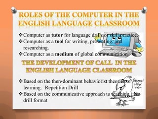 Computer as tutor for language drills or skill practice.
Computer as a tool for writing, presenting, and
researching.
Computer as a medium of global communication
Based on the then-dominant behaviorist theories of
learning. Repetition Drill
Based on the communicative approach to teaching. No
drill format
 
