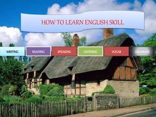 HOW TO LEARN ENGLISH SKILL
WRITING READING SPEAKING LISTENING VOCAB GRAMMAR
 