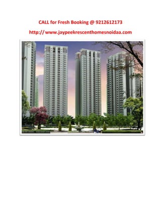 CALL for Fresh Booking @ 9212612173<br />http:// www.jaypeekrescenthomesnoidaa.com<br />Location: <br />Sector 129, Noida <br />Amenities: <br /> Chip & Putt Golf Course <br /> Beautifully designed landscaped areas <br /> Social Clubs, Cre`ches, children play areas <br /> Convenios & shopping areas <br /> Numerous tennis & basketball Courts <br /> Jogger’s trail <br /> Meditation Hut <br /> Elegantly deigned central promenade with an amphitheatre <br />Areas:<br />S. No. Unit type Approx Area (in sq ft) 1 2 BHK 1115 2 2 BHK + W 1230 3 3 BHK 1680 4 3 BHK + W 1980 5 4 BHK + W 2375 <br />SPECIFICATIONS STRUCTURE R.C.C Framed Structure LIVING ROOM, DINING ROOM & LOUNGE Floors Vitrified Tiles / laminated wooden floor External Doors and Windows Aluminium / UPVC Walls Internal : Acrylic Emulsion External : Good Quality external grade paint Internal doors Enamel painted Flush doors BEDROOMS & DRESS Floors Vitrified Tiles / laminated wooden floor External Doors and Windows Aluminium / UPVC Walls Internal : Acrylic Emulsion External : Good Quality external grade paint Internal doors Enamel painted Flush doors TOILETS Floors Anti Skid Ceramic / Vitrified Tiles External Doors and Windows Aluminium / UPVC Fixture and Fittings All provided of Standard Company make Walls Tiles in cladding up to 7' in shower area and 3'-6quot;
 in balance areas, Balance walls painted in Acrylic Emulsion Internal doors Enamel painted Flush doors MODULAR KITCHEN Floors Vitrified Tiles External Doors and Windows Aluminium / UPVC Fixture and Fittings Marble Top with sink, chimney Walls Ceramic Tiles 2'-6quot;
 above counter, Balance walls painted in Acrylic Emulsion OTHERS Wardrobes in all rooms Provision for Split Air Conditioning BALCONIES/ VERANDAH Floors Vitrified Tiles Railings MS Railing as per Design <br />Price List <br />Krescent Homes <br />BSP @ Rs. 4,200/- psf <br />@ Rs. 4,300/- psf (for G-5th floor) <br />@ Rs. 4,260/- psf (for 6th-10th floor) <br />Inaugural Discount @ Rs. 150/- psf<br />(Additional Service Tax, as applicable)<br />Other Applicable Charges: S. No. Payment Head Charges / Rate 1 Internal Development Charges Rs. 75.00 psf 2 External Development Charges Rs. 75.00 psf 3 Electric Sub Station Charges Rs. 40.00. psf 4 Social Club Membership Rs. 1.00 Lac 5. Car Parking One reserved basement car parking space compulsory with any apartment. Underground Car Parking 1. Car park @ Rs 2.00 Lacs 2. Subsequent car park @ Rs. 3.00 Lacs 6. One Time Lease Rent Rs. 50.00 psf <br />Notes: <br />1. The Basic Prices are for the indicated Super area and do not include any of the additional charges mentioned above. <br />2. Maintenance charges as per maintenance agreement shall be payable by the allottee separately. <br />a. The Interest Free Maintenance deposit @ Rs. 100.00 per sq. ft. of super area shall be payable extra before handing over possession of the premises to the allottee. <br />b. Maintenance charges for the first year shall be payable in advance at the time of offer of possession @ Rs. 1.50 psf per month. <br />3. Areas are indicative only. <br />4. All Plans and layouts are subject to change at the sole discretion of the Company or Statutory Authorities. <br />5. Exact super area of Apartment shall be calculated at the time of handing over possession of property as constructed. Increased / decreased area shall be charged proportionately as per the allotment terms. <br />6. The super area means the covered area of the demised premises inclusive of the area under the periphery walls, area under columns and walls within the demised premises, half of the area of the wall common with the other premises adjoining the demised premises, cupboards, plumbing / electric shafts of the demised premises, total area of the balconies and terraces, and <br />Krescent Homes <br />proportionate share of the common areas like common lobbies, lifts, common service shafts, staircases, machine room, mumty, electric sub station and other services and other common areas etc. <br />7. The other terms and conditions shall be as per the Application Form, Standard Terms and Conditions and the Allotment Letter of the Company. <br />8. The prices are subject to revision / withdrawal at any time without notice at the sole discretion of the Company. <br />9. Government Taxes as applicable from time to time shall be payable by the allottee in addition to the sale price as stated above. <br />10. Administrative Charges for transfer of allotment would be @ Rs.50 per sq ft & transfer <br />would be allowed only after 30% of the payment has been received from the allottee <br />(subject to change, as per the company policy).<br />PAYMENT PLAN <br />A. Construction Linked Plan*<br />S.No Payment Due Percentage (%) Other Charges 1 On Booking As Applicable** 2 On or Before 2 months from the date of Application 20% of BSP (less Booking Amount**) 3 On or Before 4 months from the date of Application 10% of BSP 4 On commencement of excavation 10% of BSP Car Parking 5 On laying of upper basement slab 5% of BSP 6 On laying of 4th floor roof slab 5% of BSP IDC 7 On laying of 8th floor roof slab 5% of BSP 8 On laying of 12th floor roof slab 5% of BSP EDC 9 On laying of 16th floor roof slab 5% of BSP 10 On laying of 18th floor roof slab 5% of BSP ESSC 11 On laying of 20th floor roof slab 5% of BSP 12 On laying of 22nd floor roof slab 5% of BSP 13 On laying of 24th floor roof slab 5% of BSP 14 On laying of top floor roof slab 5% of BSP 15 On completion of internal plaster & flooring within the apartment 5% of BSP 16 On offer of Possession 5% of BSP Social club membership + Maintenance advance + IFMD + One time lease rent Total 100% <br />**Booking amount: <br />2 BHK (All types) - Rs. 2.50 Lacs <br />3 BHK + W (1650 sq ft) - Rs. 3.50 Lacs <br />3 BHK + W (1950 sq ft) - Rs. 4.00 Lacs <br />4 BHK + W - Rs. 5.00 Lacs <br />Cheques should be drawn in favor of ‘Jaypee Infratech Limited’. <br />Notes: <br />1. Installments under S. No. 4 - 16 may run concurrently with those under S. No. 1 - 3 based <br />on the physical progress of Work at site. <br />2. The demand letter for Installments at S. No. 4 to 16 shall be sent in advance providing for <br />payment period of up to 15 days.<br />B. Down Payment Plan S. No Payment Due Percentage (%) Other Charges 1 On Booking As Applicable* 2 On or before 1 month from date of Application 95% of BSP (less Booking Amount*) IDC + EDC+ Car park + Electric substation charges 3 On offer of possession 5% of BSP Social Club Charges + IFMD + Maintenance Advance + One time lease rent TOTAL 100% <br />C. Partial Down Payment Plan S. No Payment Due Percentage (%) Other Charges 1 On Booking As Applicable* 2 On or before 1 month from date of Application 55% of BSP (less Booking Amount*) IDC + Car park + ESSC + EDC 3 On laying of upper basement slab 20% 4 On laying of 6th floor roof slab 20% 5 On offer of possession 5% of BSP Social Club Charges + IFMD + Maintenance advance + Lease Rent TOTAL 100% <br />