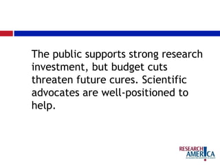 The public supports strong research
investment, but budget cuts
threaten future cures. Scientific
advocates are well-positioned to
help.
 