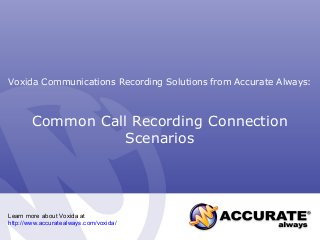 Common Call Recording Connection
Scenarios
Voxida Communications Recording Solutions from Accurate Always:
Learn more about Voxida at
http://www.accuratealways.com/voxida/
 