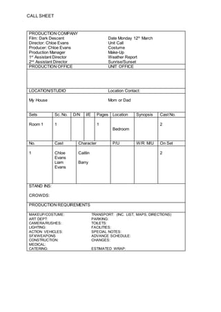 CALL SHEET
PRODUCTION COMPANY
Film: Dark Descent Date Monday 12th
March
Director: Chloe Evans Unit Call
Producer: Chloe Evans Costume
Production Manager Make-Up
1st
Assistant Director Weather Report
2nd
Assistant Director Sunrise/Sunset
PRODUCTION OFFICE UNIT OFFICE
LOCATION/STUDIO Location Contact:
My House Mom or Dad
Sets Sc. No. D/N I/E Pages Location Synopsis Cast No.
Room 1 1 1 2
Bedroom
No. Cast Character P/U W/R M/U On Set
1 Chloe
Evans
Liam
Evans
Caitlin
Barry
2
STAND INS:
CROWDS:
PRODUCTION REQUIREMENTS
MAKEUP/COSTUME: TRANSPORT: (INC. LIST, MAPS, DIRECTIONS)
ART DEPT: PARKING:
CAMERA/RUSHES: TOILETS:
LIGHTING: FACILITIES:
ACTION VEHICLES: SPECIAL NOTES:
SFX/WEAPONS ADVANCE SCHEDULE:
CONSTRUCTION: CHANGES:
MEDICAL:
CATERING: ESTIMATED WRAP:
 