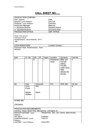 Laura Rollason
CALL SHEET NO......
PRODUCTION COMPANY
Film: Appetite Date
Director: Laura Rollason Unit Call
Producer: Laura Rollason Costume
Production Manager Make-Up
1st
Assistant Director Weather Report
2nd
Assistant Director Sunrise/Sunset
PRODUCTION OFFICE UNIT OFFICE
Heath Park School
Prestwood Road
Wolverhampton, West Midlands, WV11
1RD
LOCATION/STUDIO Location Contact:
Prestwood Road, Wolverhampton, West
Midlands
Sets Sc. No. D/N I/E Pages Location Synopsis Cast No.
1 D 1 Prestwood
Road
Male and
Female
talking.
Female
walks away.
Male
attacks the
female.
2
No. Cast Character P/U W/R M/U On Set
Chris
Poole
Will 4
Natalie
Redfern
Sarah
STAND INS:
CROWDS:
PRODUCTION REQUIREMENTS
Camera, Tripod, Boom Pole, Microphone, LED lights x3
MAKEUP/COSTUME: Laura
Rollason
TRANSPORT: (INC. LIST, MAPS, DIRECTIONS)
ART DEPT: PARKING:
CAMERA/RUSHES: Laura
Rollason
TOILETS:
LIGHTING: Laura Rollason FACILITIES:
 
