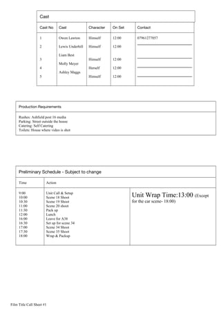 Cast
Cast No Cast Character On Set Contact
1
2
3
4
5
Owen Lawton
Lewis Underhill
Liam Best
Molly Meyer
Ashley Maggs
Himsel...