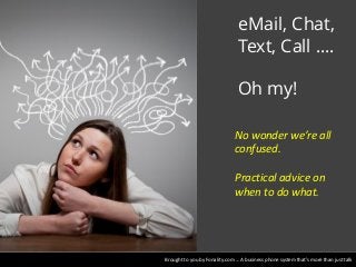 eMail, Chat,
Text, Call ….
Oh my!
No wonder we’re all
confused.
Practical advice on
when to do what.

Brought to you by Fonality.com … A business phone system that’s more than just talk

 