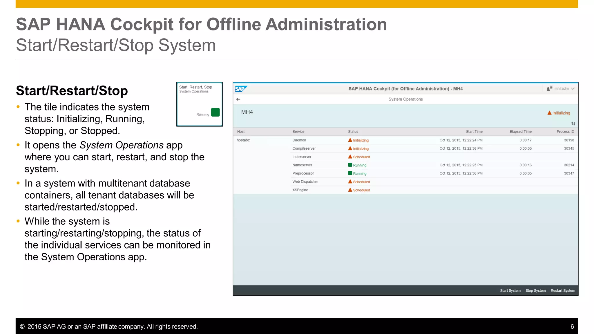 © 2015 SAP AG or an SAP affiliate company. All rights reserved. 6
SAP HANA Cockpit for Offline Administration
Start/Restart/Stop System
Start/Restart/Stop
 The tile indicates the system
status: Initializing, Running,
Stopping, or Stopped.
 It opens the System Operations app
where you can start, restart, and stop the
system.
 In a system with multitenant database
containers, all tenant databases will be
started/restarted/stopped.
 While the system is
starting/restarting/stopping, the status of
the individual services can be monitored in
the System Operations app.
 