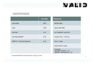 INDEBTEDNESS

                                                               R$ million   Debentures


  Gross Debt                                                        189.7    R$180 million


  Cash                                                              124.8    Issue: April 2008


  Net Debt                                                          64.9     1st Installment: April 2011


  Net Debt/ EBITDA*                                                 0.36     Coupon: CDI + 1.5% p.a.


  EBITDA* / Financial Expenses*                                     8.44     Term: 5 years


                                                                             Grace Period: 3 years

                                                                              Covenants
                                                                            - Net Debt / EBITDA ≤ 2,5
                                                                            - EBITDA / Net Expenses ≥ 2,0

* Accumulated EBITDA and Financial Expenses in the past 12 months
                                                                                                            9
 