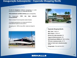 Inauguração Subseqüente – Expansão Shopping Recife

     Expansão Shopping Recife

    •A obra foi inaugurou conforme cronograma e o custo
    previamente estipulados em 19 de abril de 2012.

    •NOI estabilizado de R$4,8 milhões para a Companhia;

    •Na  inauguração,     100%    das    lojas      estavam
    comercializadas;

    •Maior vendas/m² da Companhia neste trimestre

    •O shopping apresentou um número de 0,5% de
    inadimplência líquida no ano de 2011.

    •Shopping com 100% do seu ABL locado ao longo de
    2011
                                                              Expansão Shopping Recife:

                                                              ABL Total: 7.548,0 m²
                                                              ABL Próprio: 2.324,8 m²
                                                              Número de Lojas expansão: 56
                                                              Vagas de Estacionamento: 523
                                                              NOI Estabilizado BRMALLS: R$4,8 milhões
                                                              TIR (real e desalavancada): 29,7%
                                                              Cash on Cash (real e desalavancado):
                                                              37,3%
                                                              Inauguração: 19 de abril de 2012




                                                                                                        10
 