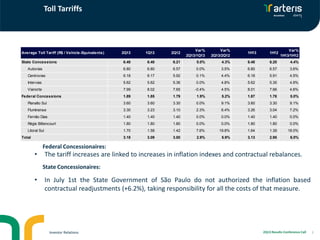 Toll Tarriffs
3
• The tariff increases are linked to increases in inflation indexes and contractual rebalances.
• In July 1st the State Government of São Paulo do not authorized the inflation based
contractual readjustments (+6.2%), taking responsibility for all the costs of that measure.
Average Toll Tariff (R$ / Vehicle-Equivalents) 2Q13 1Q13 2Q12
Var%
2Q13/1Q13
Var%
2Q13/2Q12
1H13 1H12
Var%
1H13/1H12
State Concessions 6.48 6.48 6.21 0.0% 4.3% 6.48 6.20 4.4%
Autovias 6.80 6.80 6.57 0.0% 3.5% 6.80 6.57 3.6%
Centrovias 6.18 6.17 5.92 0.1% 4.4% 6.18 5.91 4.5%
Intervias 5.62 5.62 5.36 0.0% 4.8% 5.62 5.35 4.9%
Vianorte 7.99 8.02 7.65 -0.4% 4.5% 8.01 7.66 4.6%
Federal Concessions 1.89 1.85 1.79 1.9% 5.2% 1.87 1.78 5.0%
Planalto Sul 3.60 3.60 3.30 0.0% 9.1% 3.60 3.30 9.1%
Fluminense 3.30 3.23 3.10 2.3% 6.4% 3.26 3.04 7.2%
Fernão Dias 1.40 1.40 1.40 0.0% 0.0% 1.40 1.40 0.0%
Régis Bittencourt 1.80 1.80 1.80 0.0% 0.0% 1.80 1.80 0.0%
Litoral Sul 1.70 1.58 1.42 7.6% 19.8% 1.64 1.39 18.0%
Total 3.18 3.09 3.00 2.9% 5.9% 3.13 2.95 6.0%
Investor Relations 2Q13 Results Conference Call
Federal Concessionaires:
State Concessionaires:
 