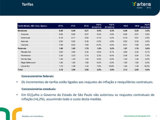 Tarifas
3Relações com Investidores Teleconferência de Resultados 2T13
Tarifa Média (R$ / Veic. Equiv.) 2T13 1T13 2T12
Var%
2T13/1T13
Var%
2T13/2T12
1S13 1S12
Var%
1S13/1S12
Estaduais 6,48 6,48 6,21 0,0% 4,3% 6,48 6,20 4,4%
Autovias 6,80 6,80 6,57 0,0% 3,5% 6,80 6,57 3,6%
Centrovias 6,18 6,17 5,92 0,1% 4,4% 6,18 5,91 4,5%
Intervias 5,62 5,62 5,36 0,0% 4,8% 5,62 5,35 4,9%
Vianorte 7,99 8,02 7,65 -0,4% 4,5% 8,01 7,66 4,6%
Federais 1,89 1,85 1,79 1,9% 5,2% 1,87 1,78 5,0%
Planalto Sul 3,60 3,60 3,30 0,0% 9,1% 3,60 3,30 9,1%
Fluminense 3,30 3,23 3,10 2,3% 6,4% 3,26 3,04 7,2%
Fernão Dias 1,40 1,40 1,40 0,0% 0,0% 1,40 1,40 0,0%
Régis Bittencourt 1,80 1,80 1,80 0,0% 0,0% 1,80 1,80 0,0%
Litoral Sul 1,70 1,58 1,42 7,6% 19,8% 1,64 1,39 18,0%
Total 3,18 3,09 3,00 2,9% 5,9% 3,13 2,95 6,0%
• Os incrementos de tarifas estão ligados aos reajustes de inflação e reequilibrios contratuais.
• Em 01/julho o Governo do Estado de São Paulo não autorizou os reajustes contratuais de
inflação (+6,2%), assumindo todo o custo desta medida.
Concessionárias federais:
Concessionárias estaduais:
 