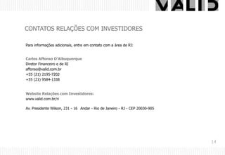 ContatosRelações com InvestidoresPara informações adicionais, entre em contato com a área de RI:Carlos Affonso D’AlbuquerqueDiretor Financeiro e de RI affonso@valid.com.br+55 (21) 2195-7202+55 (21) 9584-1338Website Relações com Investidores: www.valid.com.br/riAv. Presidente Wilson, 231 - 16° Andar - Rio de Janeiro - RJ - CEP 20030-90514