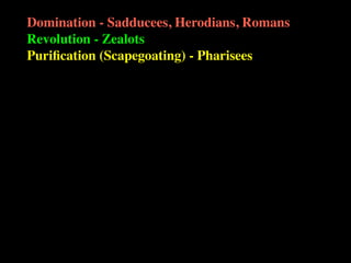 Domination - Sadducees, Herodians, Romans
Revolution - Zealots
Puriﬁcation (Scapegoating) - Pharisees
 