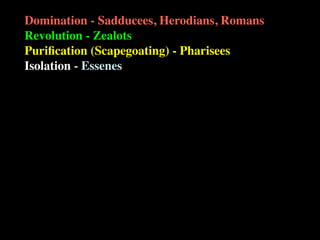 Domination - Sadducees, Herodians, Romans
Revolution - Zealots
Puriﬁcation (Scapegoating) - Pharisees
Isolation - Essenes
 