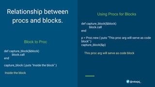 Relationship between
procs and blocks.
def capture_block(&block)
block.call
end
capture_block { puts "Inside the block" }
Block to Proc
Using Procs for Blocks
def capture_block(&block)
block.call
end
p = Proc.new { puts “This proc arg will serve as code
block” }
capture_block(&p)
@rabajaj_
Inside the block
This proc arg will serve as code block
 