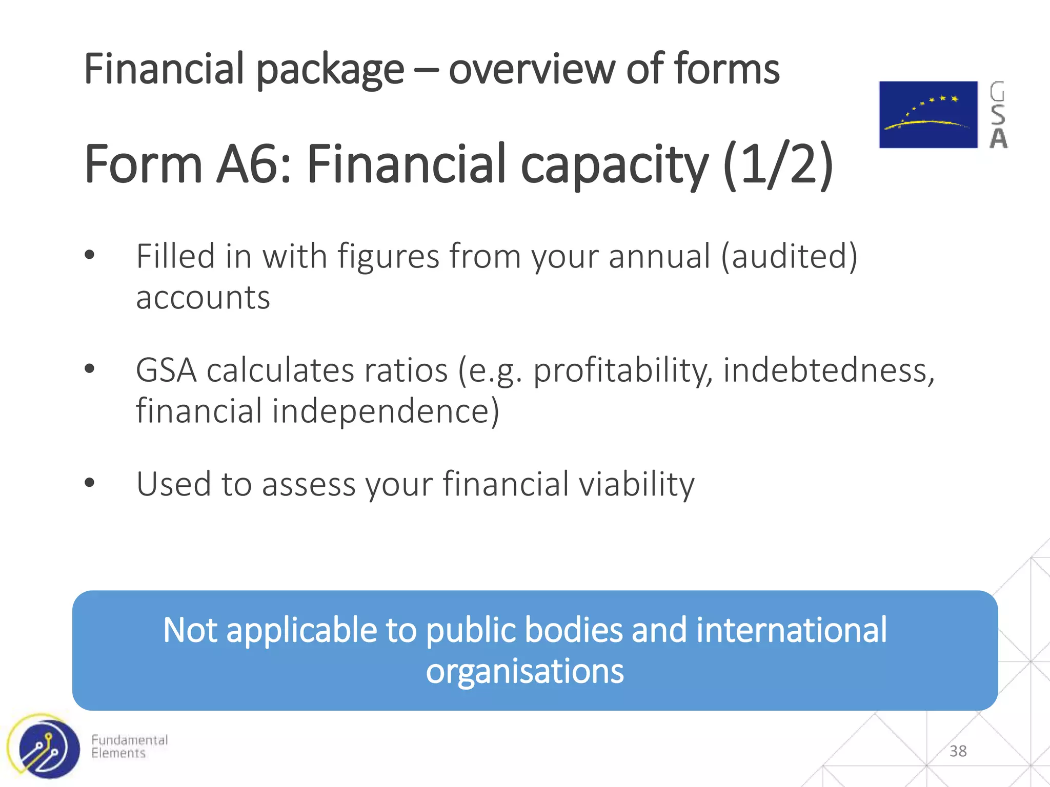 • Filled in with figures from your annual (audited)
accounts
• GSA calculates ratios (e.g. profitability, indebtedness,
financial independence)
• Used to assess your financial viability
Not applicable to public bodies and international
organisations
Financial package – overview of forms
Form A6: Financial capacity (1/2)
38
 
