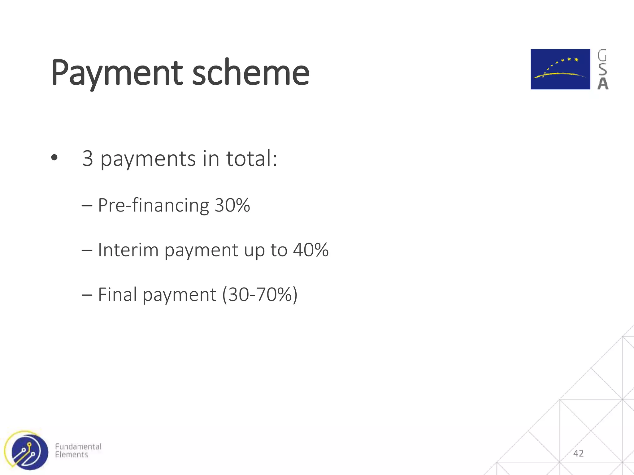 • 3 payments in total:
‒ Pre-financing 30%
‒ Interim payment up to 40%
‒ Final payment (30-70%)
Payment scheme
42
 
