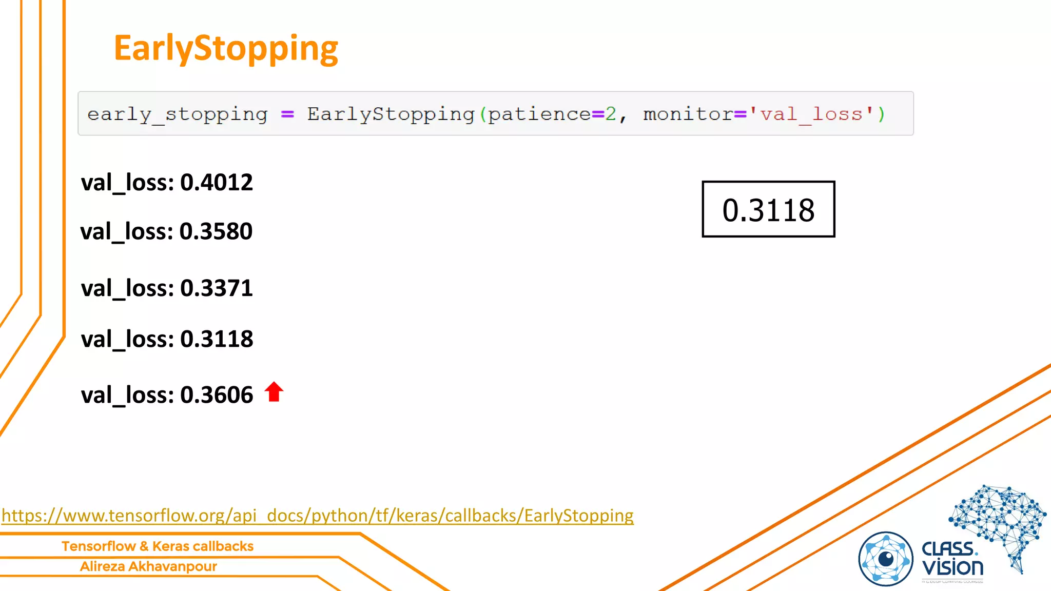 Alireza Akhavanpour
Tensorflow & Keras callbacks
EarlyStopping
https://www.tensorflow.org/api_docs/python/tf/keras/callbacks/EarlyStopping
val_loss: 0.4012
val_loss: 0.3580
0.3118
val_loss: 0.3371
val_loss: 0.3118
val_loss: 0.3606
 