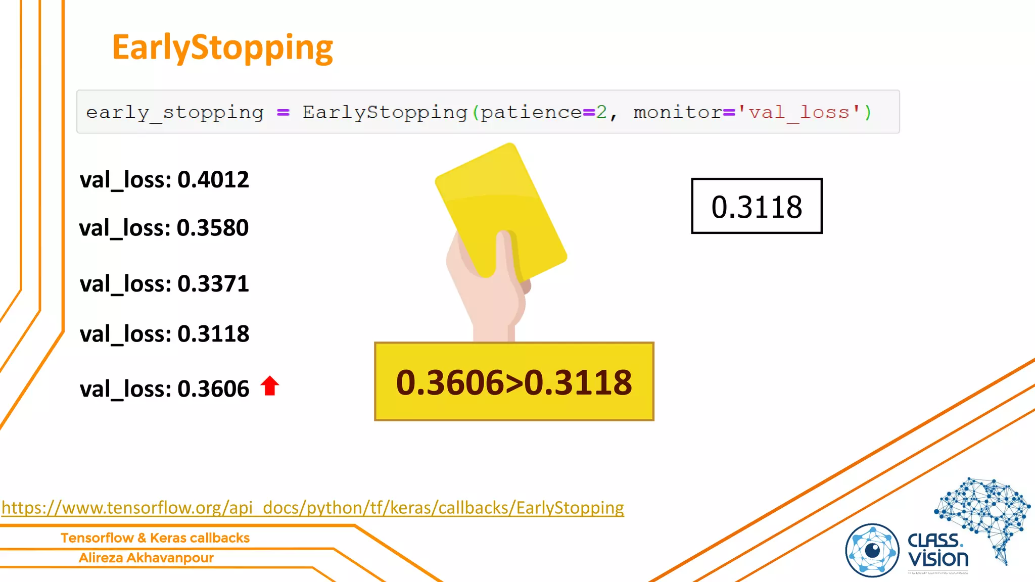 Alireza Akhavanpour
Tensorflow & Keras callbacks
EarlyStopping
https://www.tensorflow.org/api_docs/python/tf/keras/callbacks/EarlyStopping
val_loss: 0.4012
val_loss: 0.3580
0.3118
val_loss: 0.3371
val_loss: 0.3118
val_loss: 0.3606 0.3606>0.3118
 