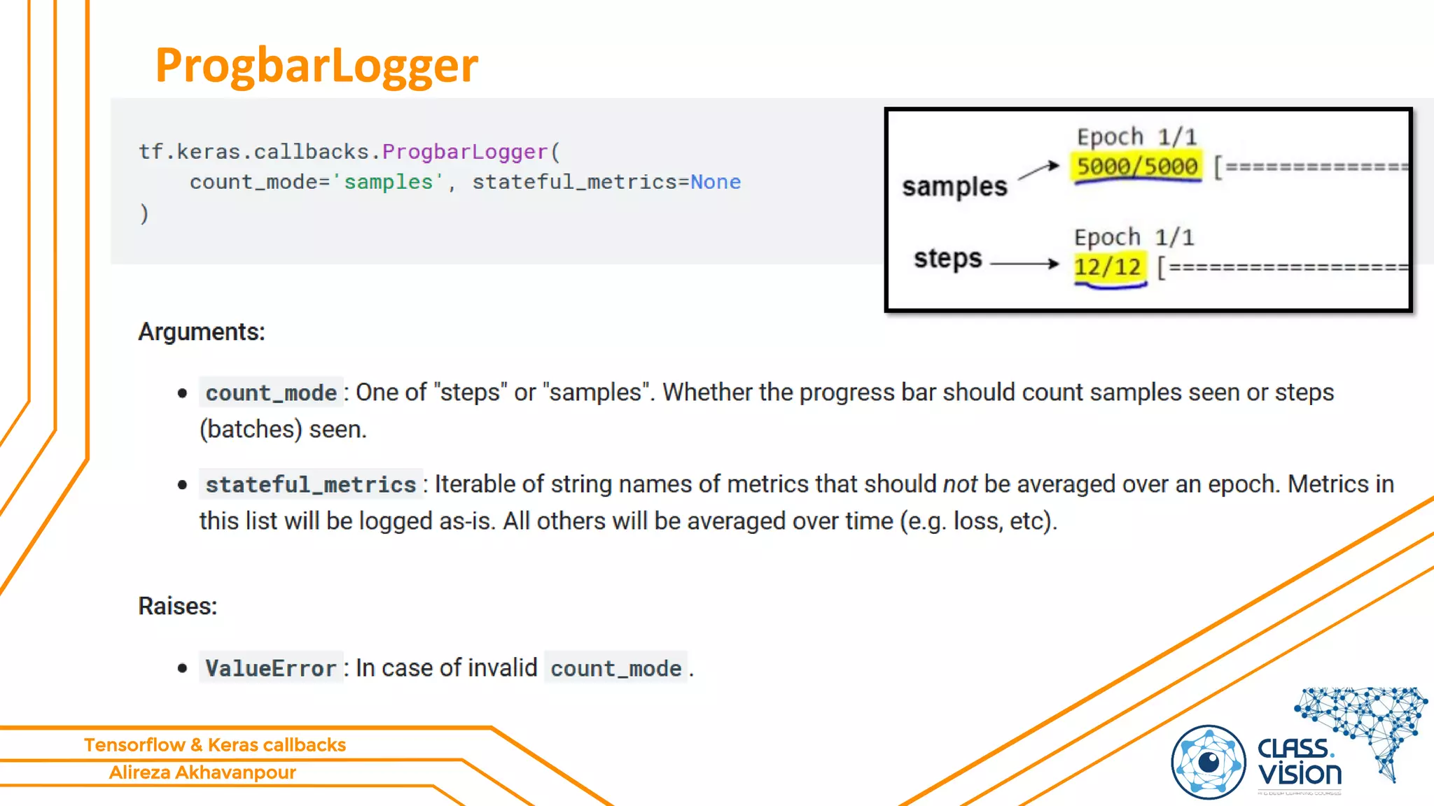 Alireza Akhavanpour
Tensorflow & Keras callbacks
ProgbarLogger
 