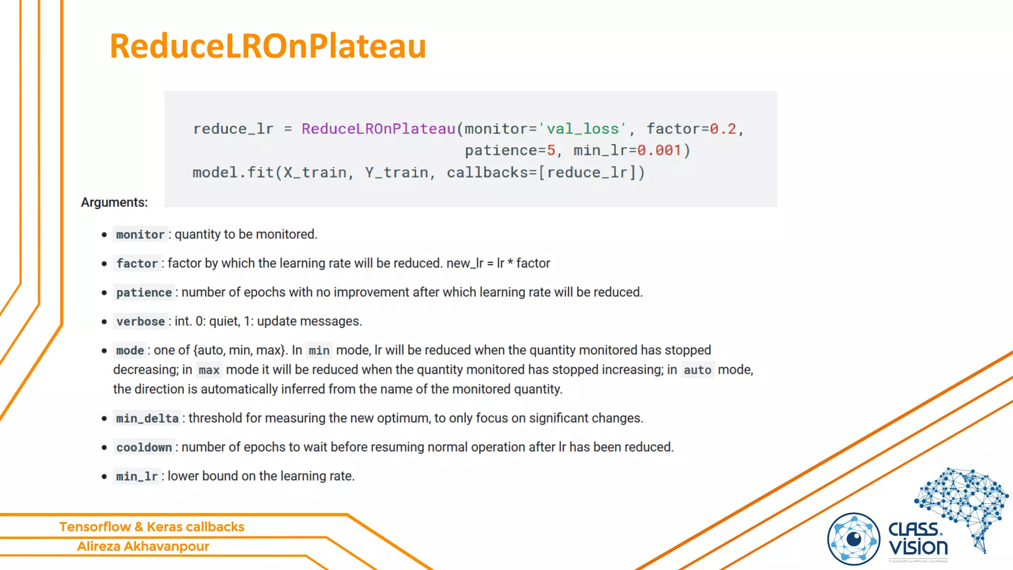 Alireza Akhavanpour
Tensorflow & Keras callbacks
ReduceLROnPlateau
 