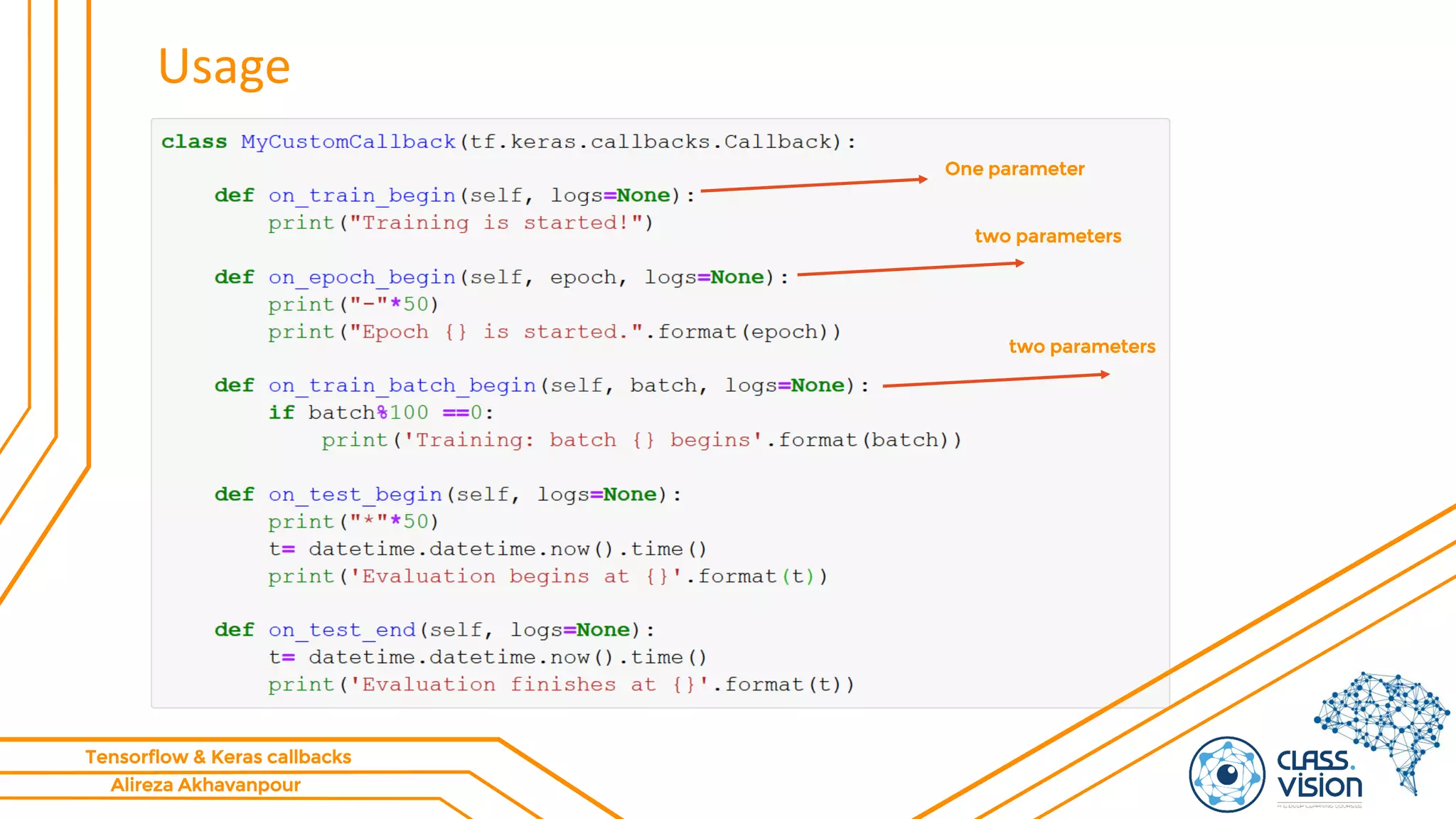 Alireza Akhavanpour
Tensorflow & Keras callbacks
Usage
One parameter
two parameters
two parameters
 