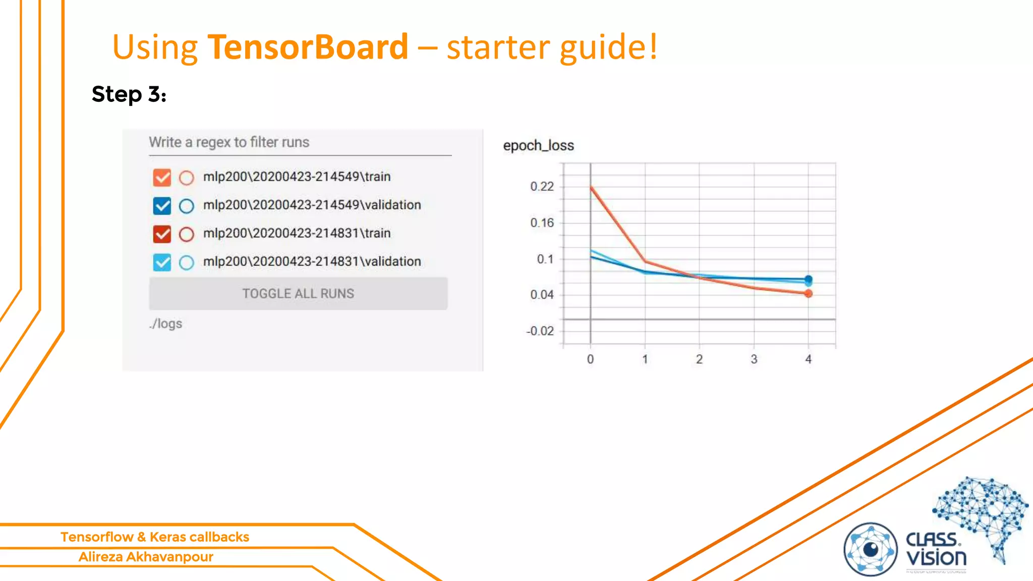 Alireza Akhavanpour
Tensorflow & Keras callbacks
Using TensorBoard – starter guide!
Step 3:
 