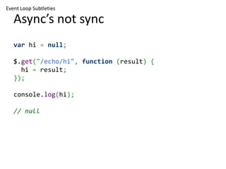 Event Loop Subtleties

   Async’s not sync
   var hi = null;

   $.get("/echo/hi", function (result) {
     hi = result;
   });

   console.log(hi);

   // null
 