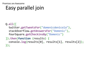 Promises are Awesome

  Easy parallel join

  Q.all([
    twitter.getTweetsFor("domenicdenicola"),
    stackOverflow.getAnswersFor("Domenic"),
    fourSquare.getCheckinsBy("Domenic")
  ]).then(function (results) {
    console.log(results[0], results[1], results[2]);
  });
 