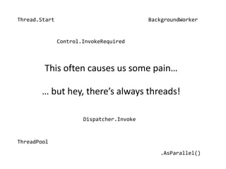 Thread.Start                               BackgroundWorker


               Control.InvokeRequired



        This often causes us some pain…

       … but hey, there’s always threads!

                       Dispatcher.Invoke



ThreadPool

                                              .AsParallel()
 