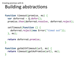 Creating promises with Q

   Building abstractions
   function timeout(promise, ms) {
     var deferred = Q.defer();
     promise.then(deferred.resolve, deferred.reject);

       setTimeout(function () {
         deferred.reject(new Error("timed out"));
       }, ms);

       return deferred.promise;
   }

   function getWithTimeout(url, ms) {
     return timeout(getAsPromise(url), ms);
   }
 