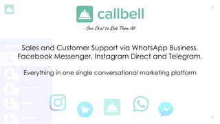PreviousNext
1
Sales and Customer Support via WhatsApp Business,
Facebook Messenger, Instagram Direct and Telegram.
Everything in one single conversational marketing platform
One C t Ru m A
 