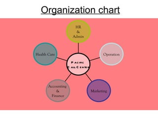 Organization chart HR & Admin Operation Marketing Accounting  & Finance Health Care Pacific  Call Center 