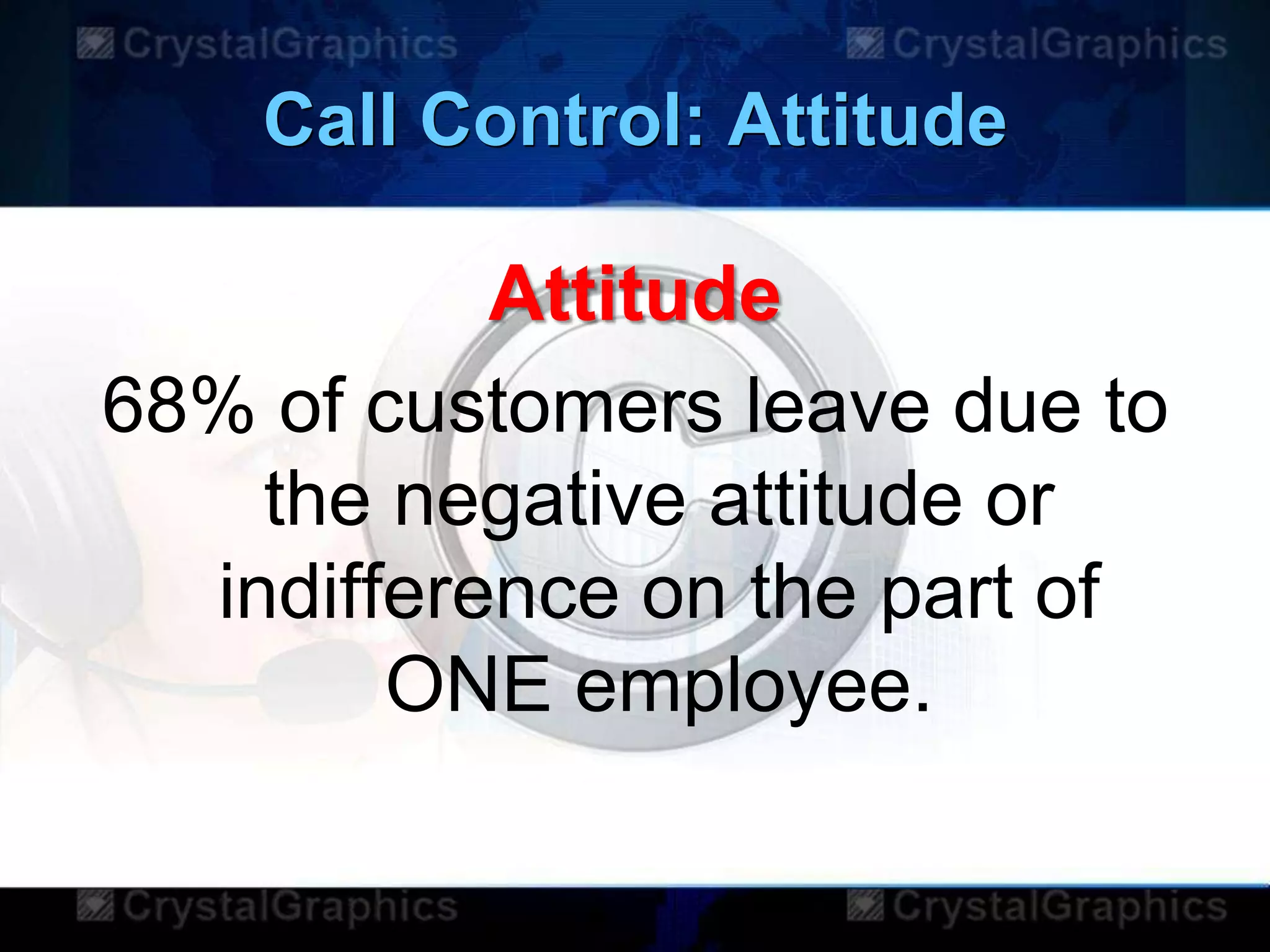 Call Control: Attitude
Attitude
68% of customers leave due to
the negative attitude or
indifference on the part of
ONE employee.
 