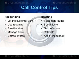 Call Control Tips
Responding
• Let the customer vent
• Use restraint
• Breathe slow
• Manage Tone
• Correct Words
Reacting
• Voice gets louder
• Speak faster
• Get defensive
• Retaliate
• Attack them back
 