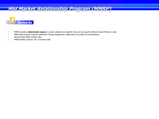 Mid Market Relationship Program (MMRP)

       Remarks

•   MMRP provides a determinant reason to contact customers at a specific time and via a specific delivery channel (Phone, e-mail).
•   MMRP helps improve customer satisfaction through engagement, deployment and quality of communications.
•   Microsoft gets better renewal rates.
•   MMRP enables cross/up- sell  Increase sales




                                                                                                                                      8
 