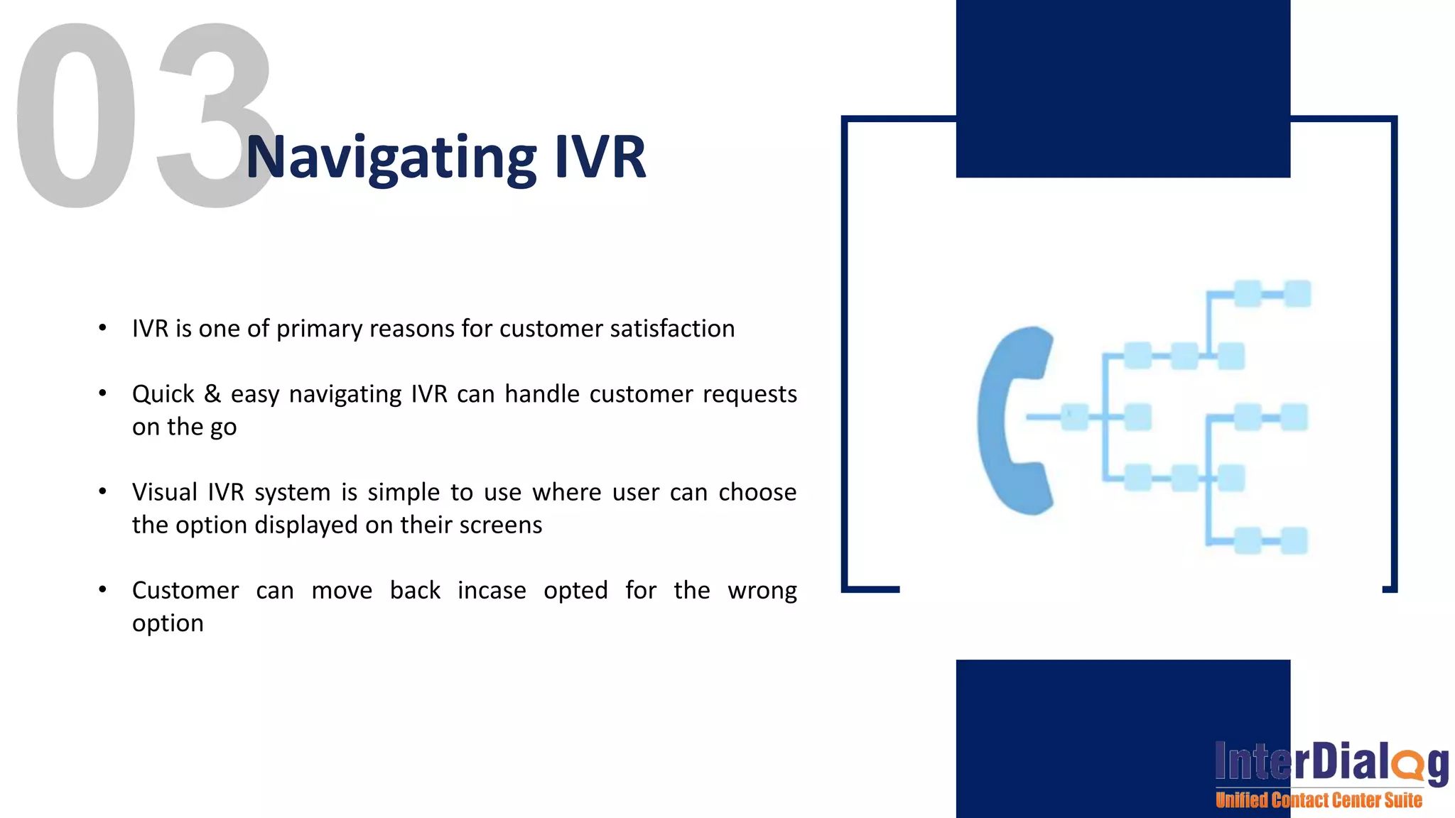• IVR is one of primary reasons for customer satisfaction
• Quick & easy navigating IVR can handle customer requests
on the go
• Visual IVR system is simple to use where user can choose
the option displayed on their screens
• Customer can move back incase opted for the wrong
option
Navigating IVR
 