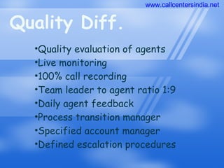 Quality Diff. Quality evaluation of agents Live monitoring 100% call recording Team leader to agent ratio 1:9 Daily agent feedback Process transition manager Specified account manager Defined escalation procedures www.callcentersindia.net 