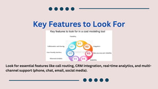 Key Features to Look For
Look for essential features like call routing, CRM integration, real-time analytics, and multi-
channel support (phone, chat, email, social media).
 