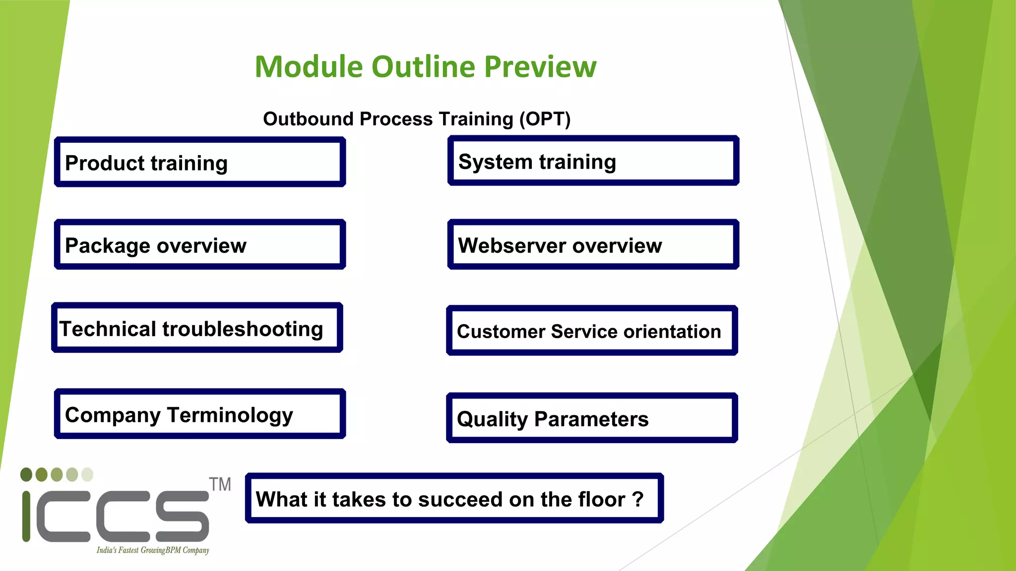 Module Outline Preview
Outbound Process Training (OPT)
Outbound Process Training (OPT)
Product training
Package overview
Technical troubleshooting
Company Terminology
System training
Webserver overview
Customer Service orientation
Quality Parameters
What it takes to succeed on the floor ?
 