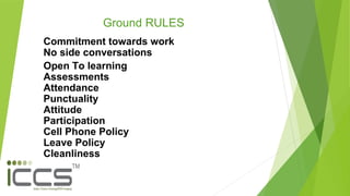 Ground RULES
Commitment towards work
No side conversations
Open To learning
Assessments
Attendance
Punctuality
Attitude
Participation
Cell Phone Policy
Leave Policy
Cleanliness
 
