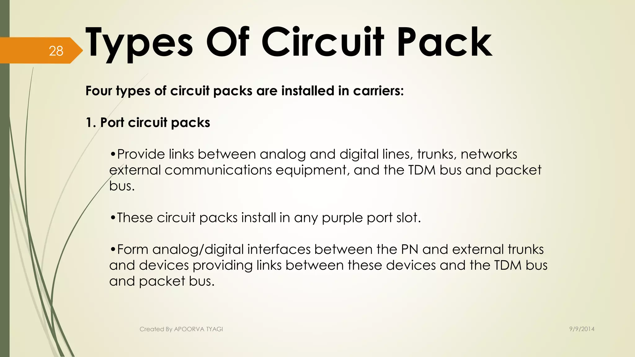 Types Of Circuit Pack 
Four types of circuit packs are installed in carriers: 
1. Port circuit packs 
•Provide links between analog and digital lines, trunks, networks 
external communications equipment, and the TDM bus and packet 
bus. 
•These circuit packs install in any purple port slot. 
•Form analog/digital interfaces between the PN and external trunks 
and devices providing links between these devices and the TDM bus 
and packet bus. 
Created By APOORVA TYAGI 9/9/2014 
28 
 